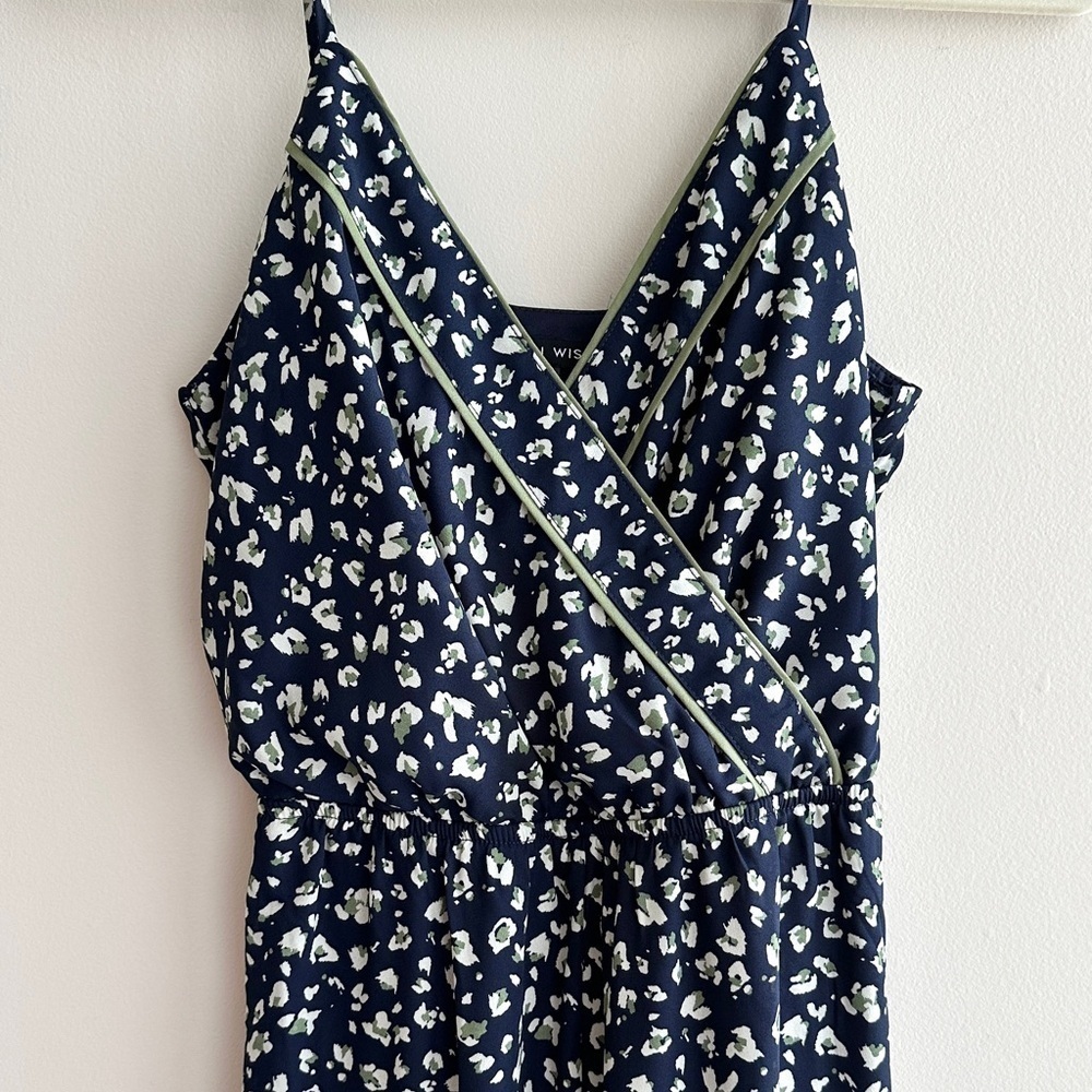 As U Wish Navy Blue and Green Animal Print Cinched Waist Jumpsuit, Size Small
